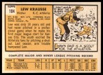1963 Topps #104 Lew Krausse Back Thumbnail