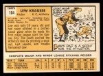 1963 Topps #104 Lew Krausse Back Thumbnail