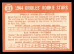 1964 Topps #418 Orioles Rookies - Darold Knowles / Les Narum Back Thumbnail