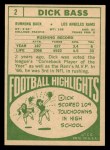 1968 Topps #2 Dick Bass Back Thumbnail