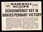 1961 Nu-Card Scoops #425 Red Schoendienst Back Thumbnail