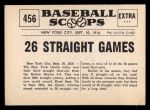1961 Nu-Card Scoops #456 Giants 26 Game Streak Back Thumbnail
