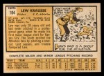 1963 Topps #104 Lew Krausse Back Thumbnail
