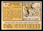 1963 Topps #104 Lew Krausse Back Thumbnail