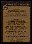 1973 Topps #377 Expos Leaders - Gene Mauch / Dave Bristol / Larry Doby / Cal McLish / Jerry Zimmrman Back Thumbnail