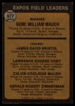 1973 Topps #377 Expos Leaders - Gene Mauch / Dave Bristol / Larry Doby / Cal McLish / Jerry Zimmrman Back Thumbnail