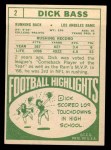 1968 Topps #2 Dick Bass Back Thumbnail