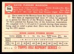 1952 Topps Reprints #366 Dave Madison Back Thumbnail