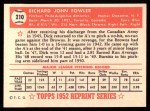 1952 Topps Reprints #210 Dick Fowler Back Thumbnail