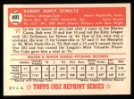 1952 Topps Reprints #401 Bob Schultz Back Thumbnail
