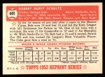 1952 Topps Reprints #401 Bob Schultz Back Thumbnail