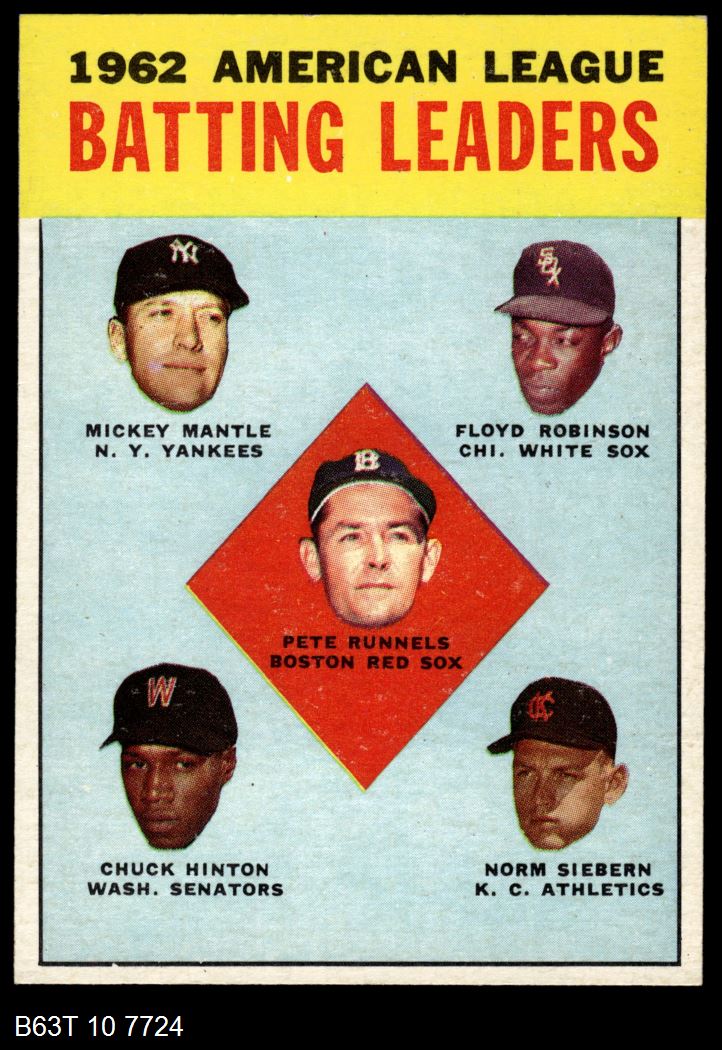 1963 Topps #2 AL Batting Leaders  -  Mickey Mantle / Chuck Hinton / Floyd Robinson / Pete Runnels / Norm Siebern