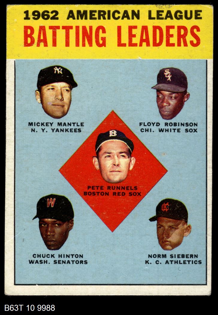 1963 Topps #2 AL Batting Leaders  -  Mickey Mantle / Chuck Hinton / Floyd Robinson / Pete Runnels / Norm Siebern