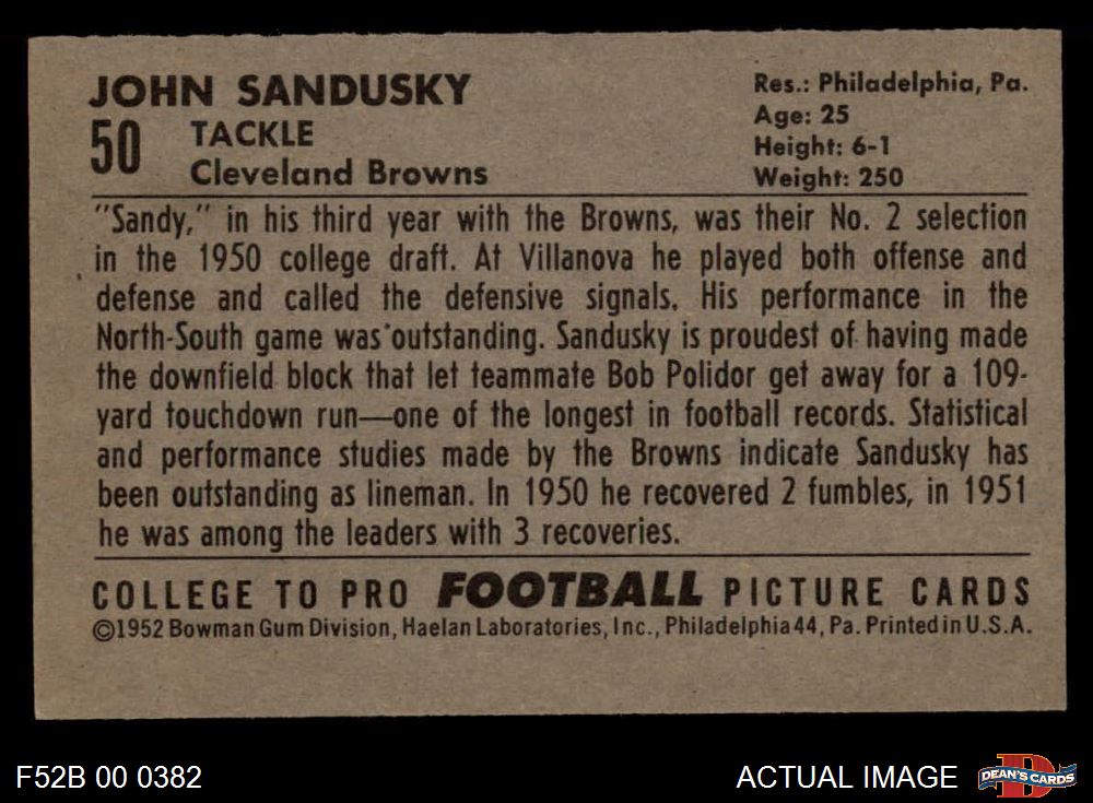 1952 Bowman Large #50 John Sandusky Browns-FB Villanova 2 - GOOD