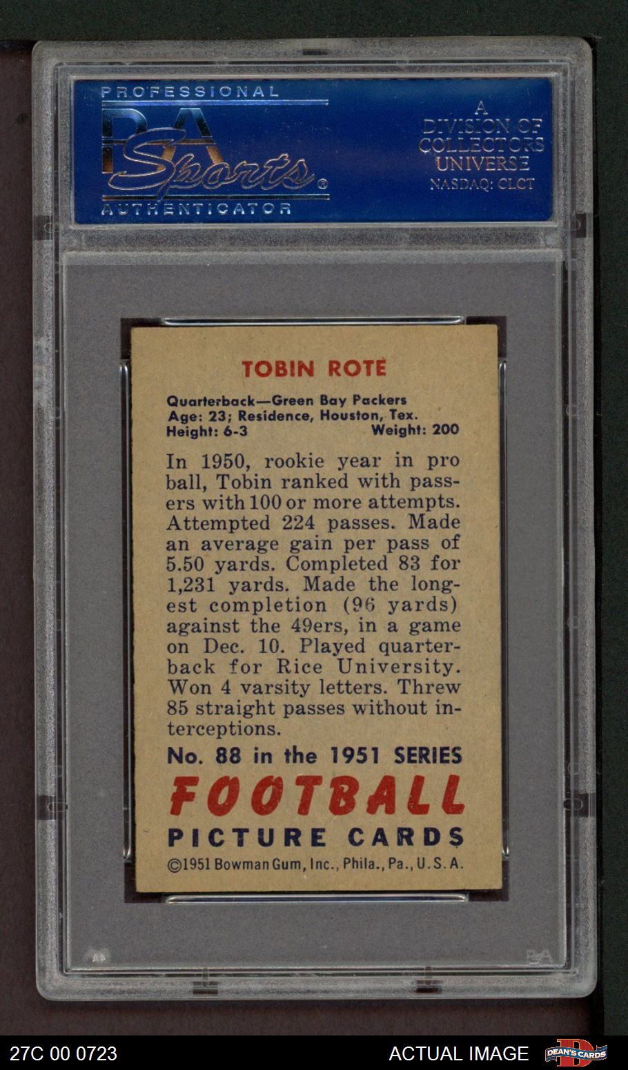 1951 Bowman #88 Tobin Rote Packers Rice PSA 7 - NM - Picture 3 of 3