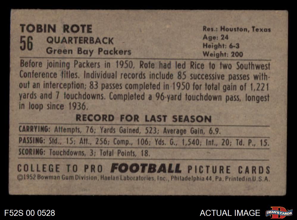 1952 Bowman Small #56 Tobin Rote Packers Rice 2 - GOOD - Picture 3 of 5