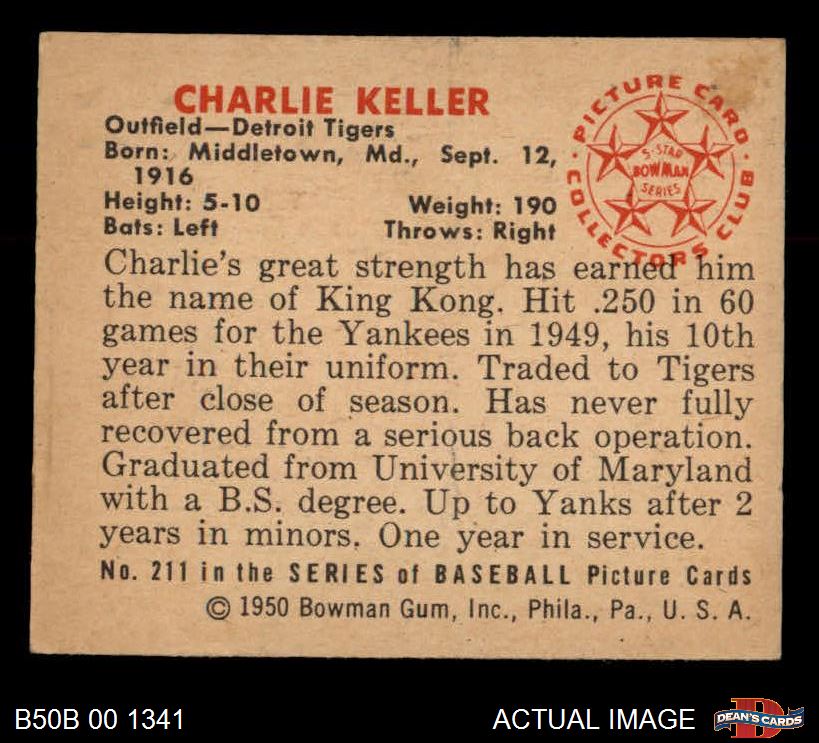 1950 Bowman #211 Charlie Keller Tigers 5 - EX - Picture 3 of 5