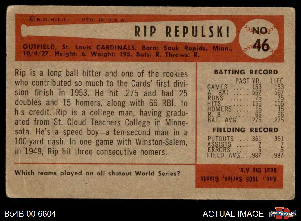 1954 Bowman #46 Rip Repulski Cardinals 1 - POOR - Picture 7 of 9