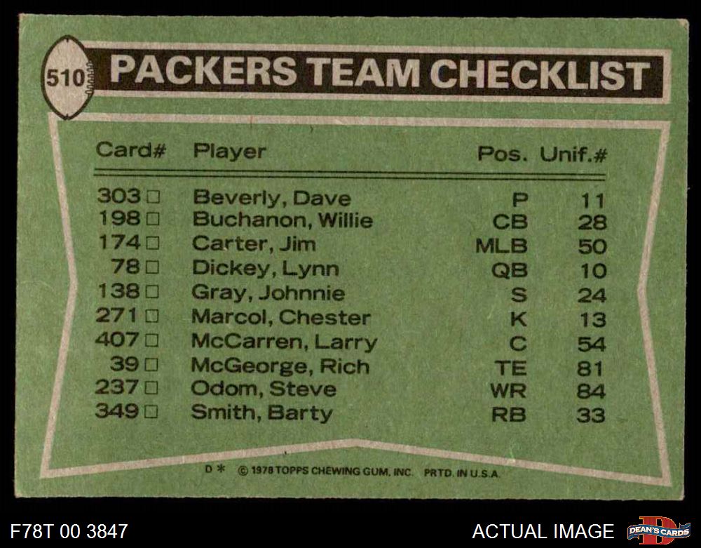 1978 Topps #510 Barry Smith Packers Leaders & Checklist 3 - VG - Picture 19 of 21