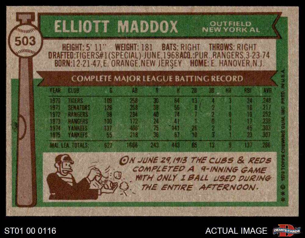 1976 Topps #503 Elliott Maddox Yankees 6 - EX/MT