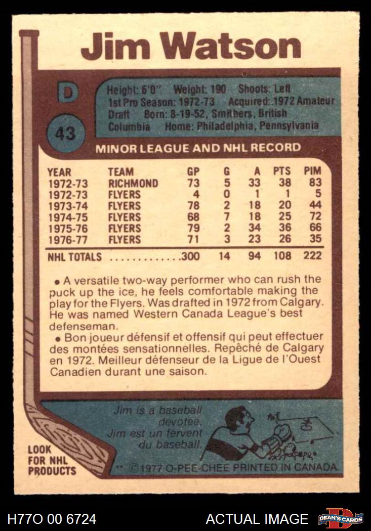 1977 O-Pee-Chee #43 Jim Watson Flyers 6 - EX/MT