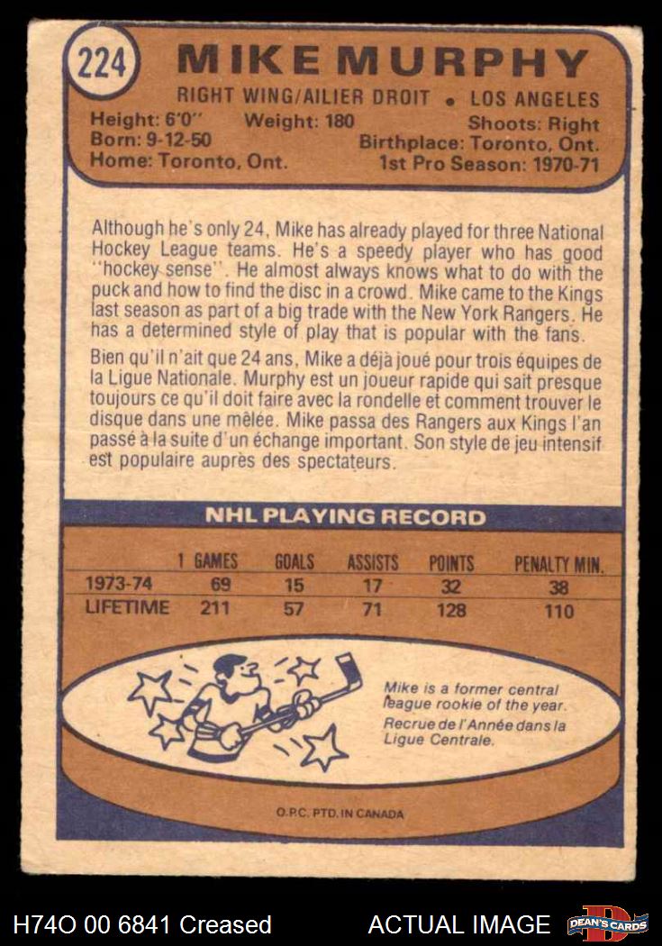 1974 O-Pee-Chee NHL #224 Mike Murphy Kings-Hockey 2 - GOOD - Picture 3 of 3