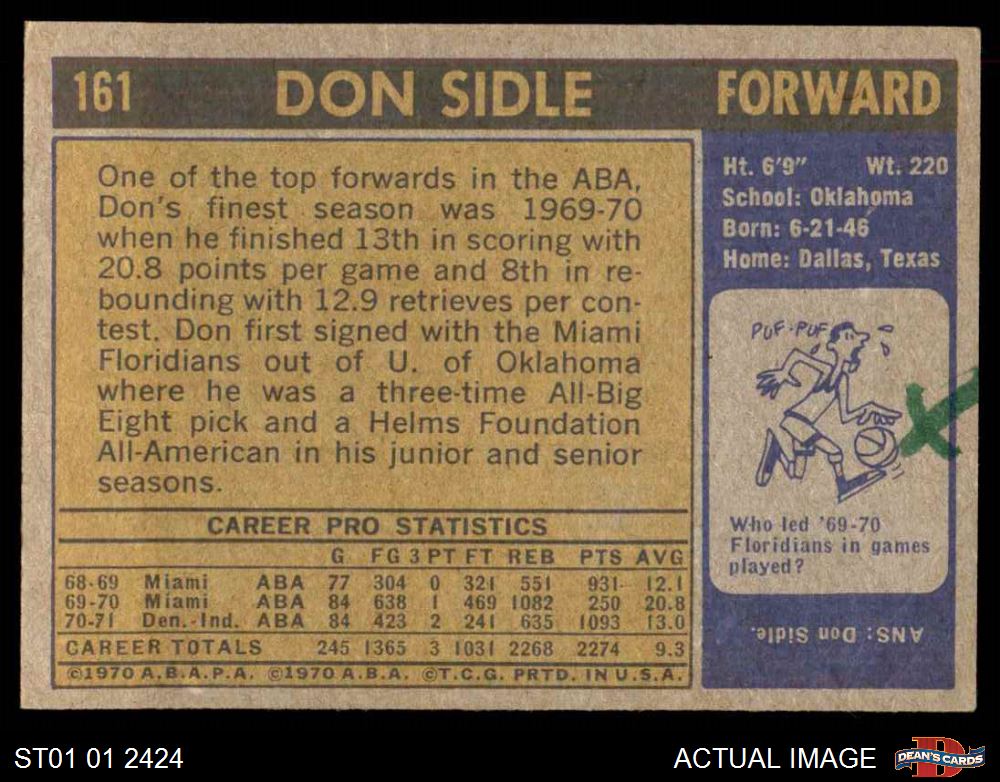1971 Topps #161 Don Sidle Pacers RC UER Oklahoma 3 - VG - Picture 3 of 5