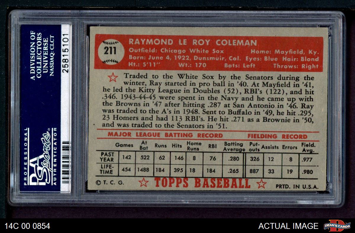 1952 Topps #211 Ray Coleman White Sox PSA 5 - EX - Picture 3 of 3