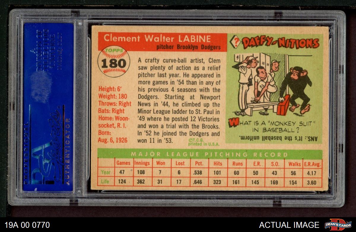 1955 Topps #180 Clem Labine Dodgers PSA 5 - EX - Picture 3 of 3