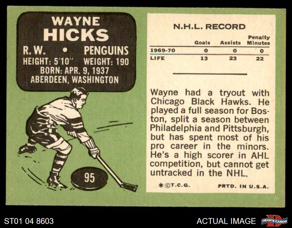 1970 Topps #95 Wayne Hicks Penguins 4 - VG/EX