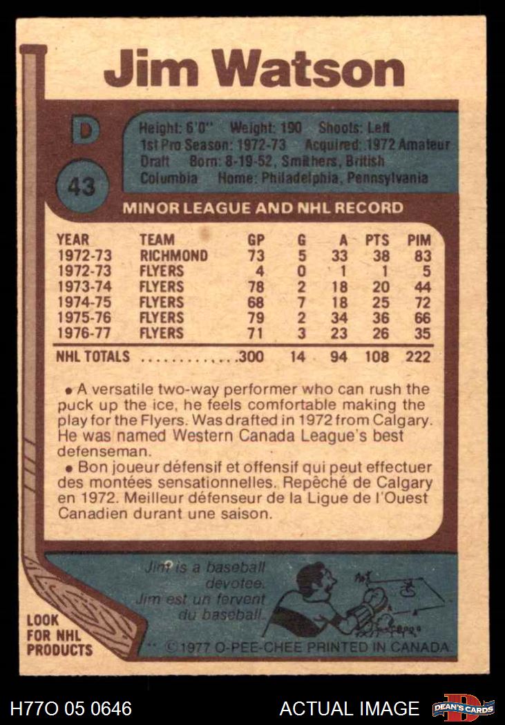 1977 O-Pee-Chee #43 Jim Watson Flyers 6 - EX/MT