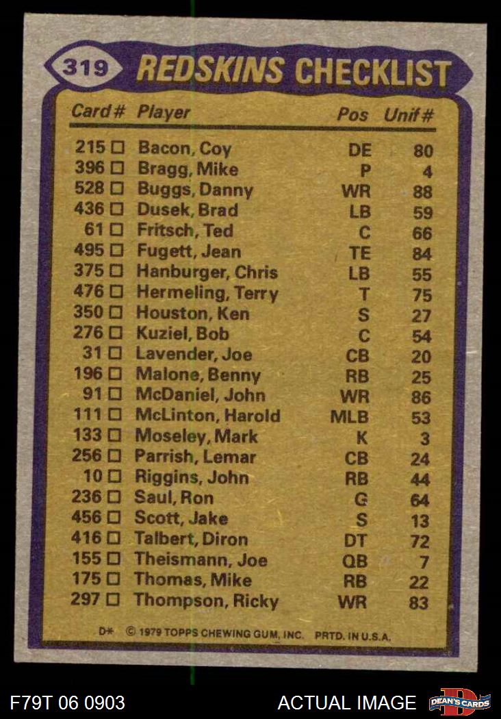 1979 Topps #319 John Riggins Redskins Team Leaders & Checklist 5 - EX - Picture 7 of 13