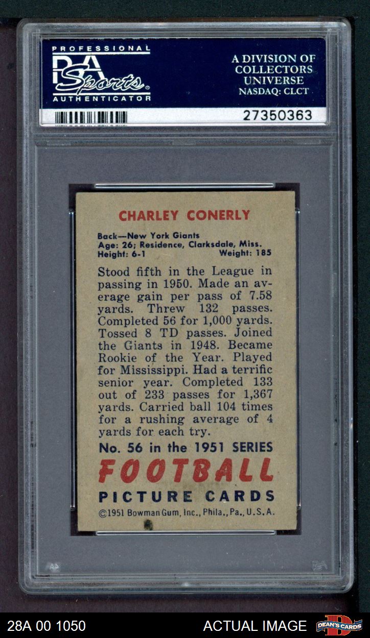 1951 Bowman #56 Charley Conerly Giants-FB Mississippi PSA 3.5 - VG+ - Picture 3 of 3