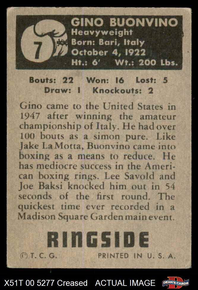 1951 Topps Ringside #7 Gino Buonvino 3 - VG - Picture 3 of 9
