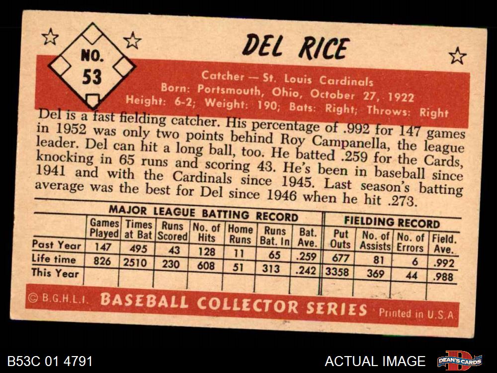 1953 Bowman #53 Del Rice Cardinals 4.5 - VG/EX+ - Picture 3 of 5