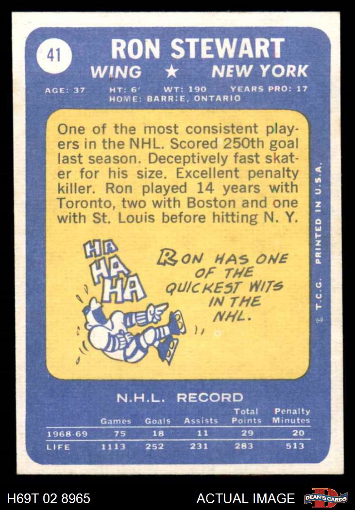 1969 Topps #41 Ron Stewart Rangers-Hockey 5 - EX