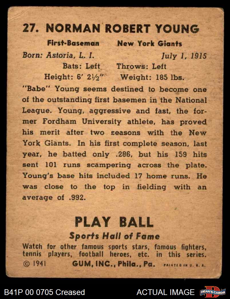 1941 Play Ball #27 Babe Young Giants 2 - GOOD - Picture 3 of 9