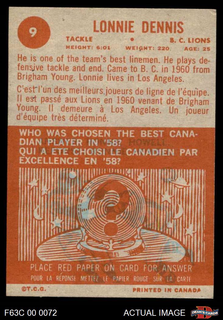 1963 Topps CFL #9 Lonnie Dennis Lions-CFL BYU 4 - VG/EX - Picture 3 of 3