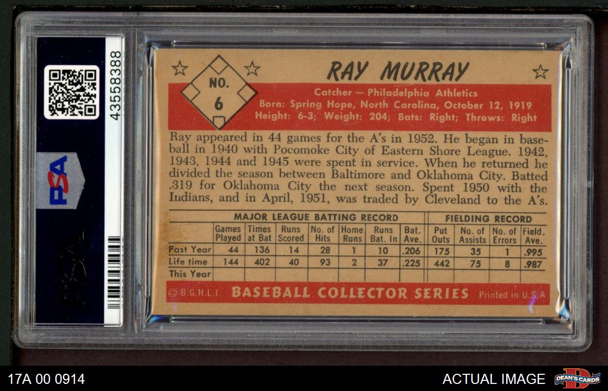 1953 Bowman B&W #6 Ray Murray Athletics PSA 7 - NM - Picture 3 of 3