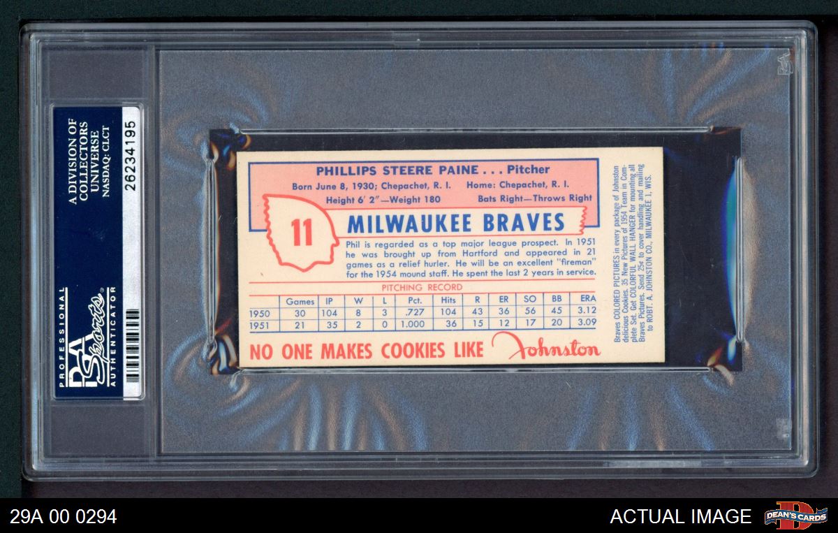 1954 Johnston Cookies #11 Phil Paine Braves PSA 8.5 - NM/MT+ - Picture 3 of 3