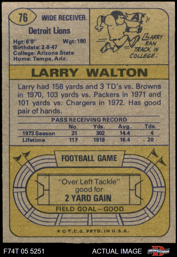 1974 Topps #76 Larry Walton Lions RC Trinidad St Junior College / Arizona 5 - EX