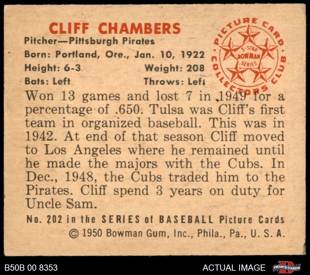 1950 Bowman #202 Cliff Chambers Pirates 4.5 - VG/EX+ - Picture 3 of 5