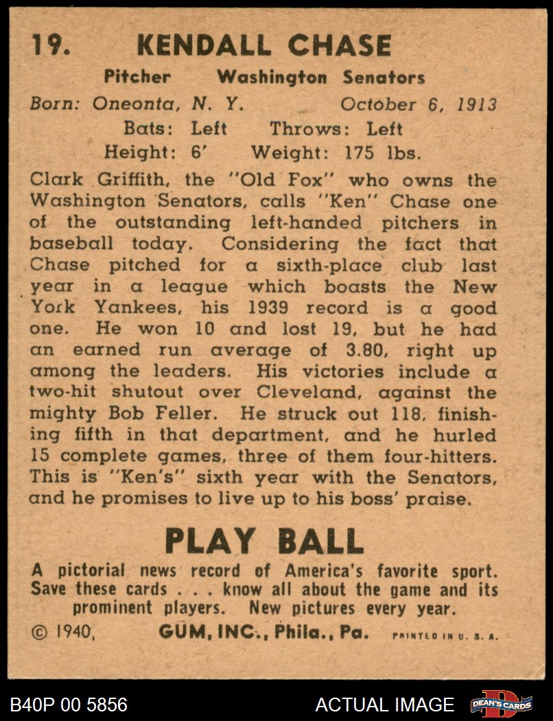 1940 Play Ball #19 Ken Chase Senators 4 - VG/EX - Picture 3 of 9