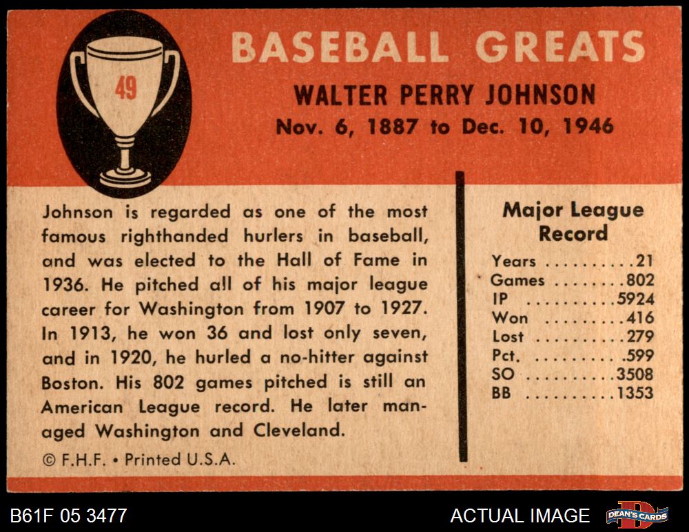 1961 Fleer #49 Walter Johnson Senators HOF 7.5 - NM+ - Picture 3 of 5