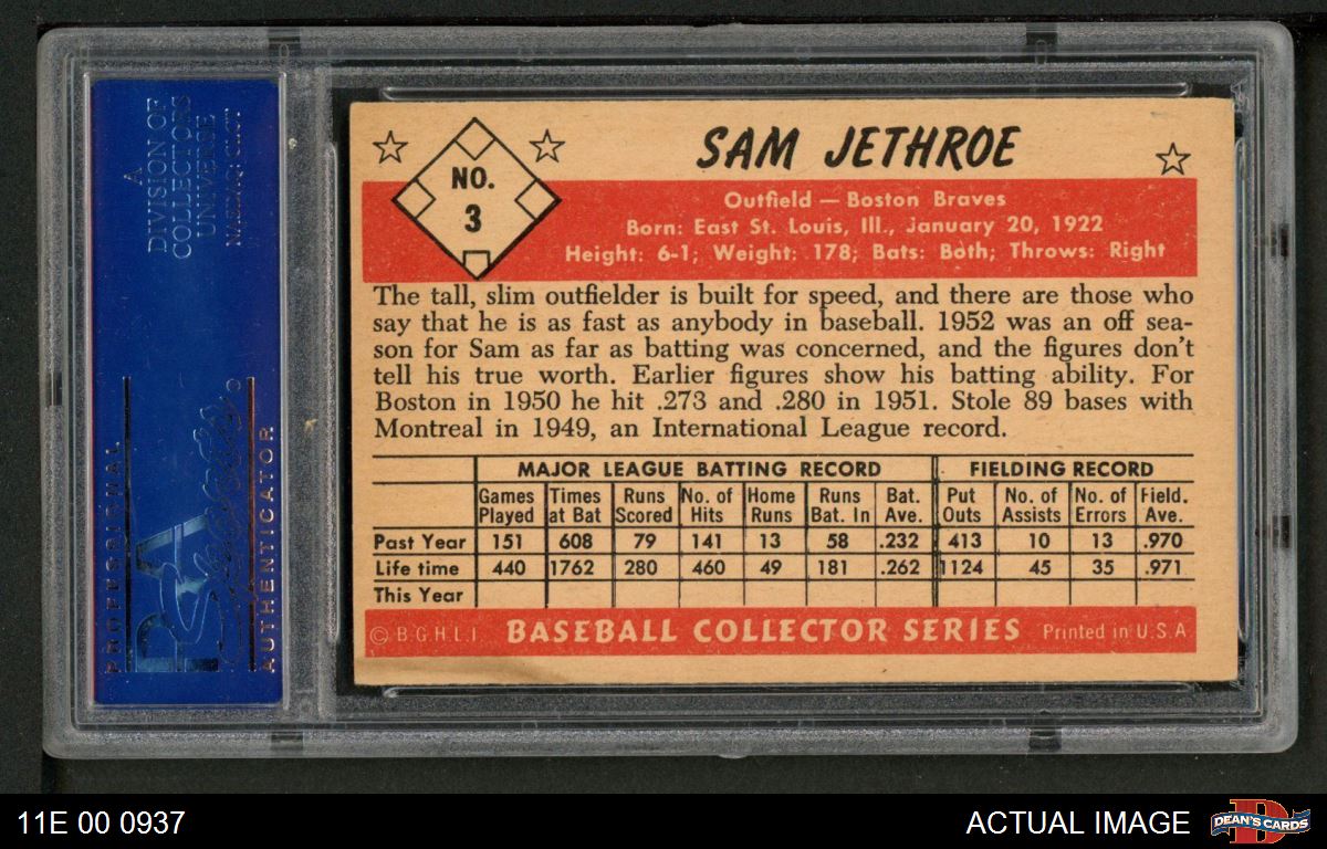 1953 Bowman #3 Sam Jethroe Braves PSA 6 - EX/MT - Picture 3 of 5