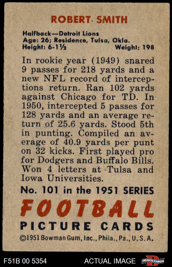 1951 Bowman #101 J Robert Smith Lions Tulsa / Iowa 5 - EX - Picture 11 of 17