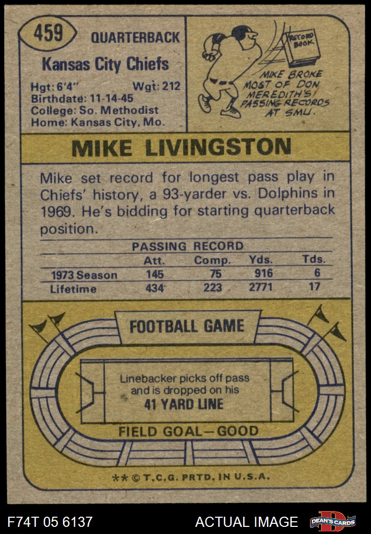 1974 Topps #459 Mike Livingston Chiefs RC SMU 5 - EX