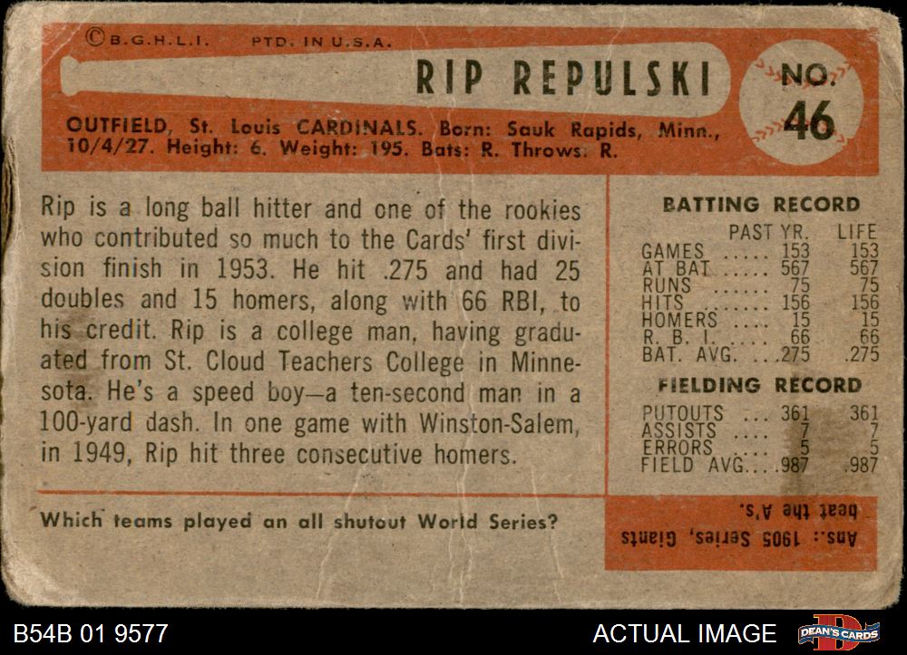 1954 Bowman #46 Rip Repulski Cardinals 1 - POOR - Picture 3 of 9