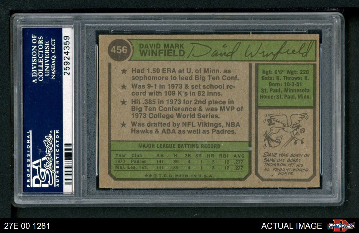 1974 Topps #456 Dave Winfield Padres RC HOF PSA 4 - VG/EX - Picture 3 of 3