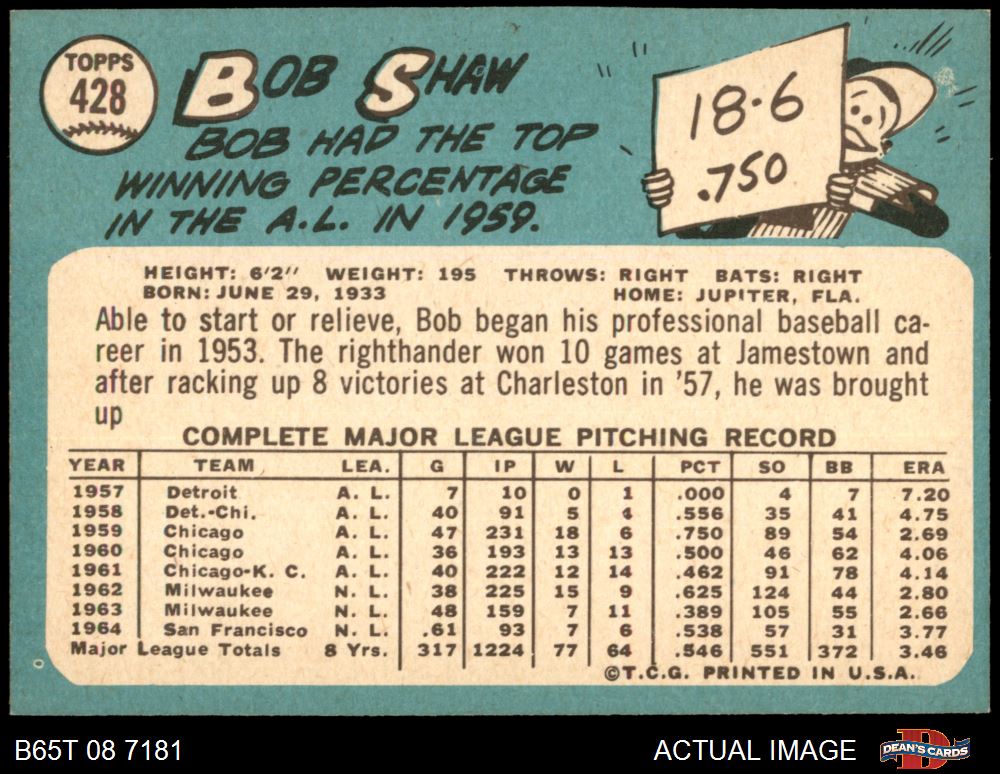 1965 Topps #428 Bob Shaw Giants 7 - NM